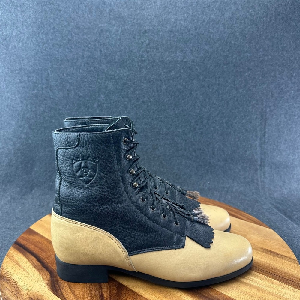 Women's Ariat Leather Ankle Boots Size 10 Lace Up Black & Gold Tassles #10322